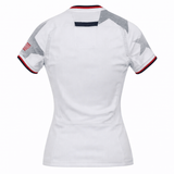 Back view of the Women's USA Rugby 24/25 Away Body Fit Jersey by Macron, featuring a fitted white design, gray stars on the shoulders, an American flag patch on the sleeve, and red and navy trim on collar and cuffs.