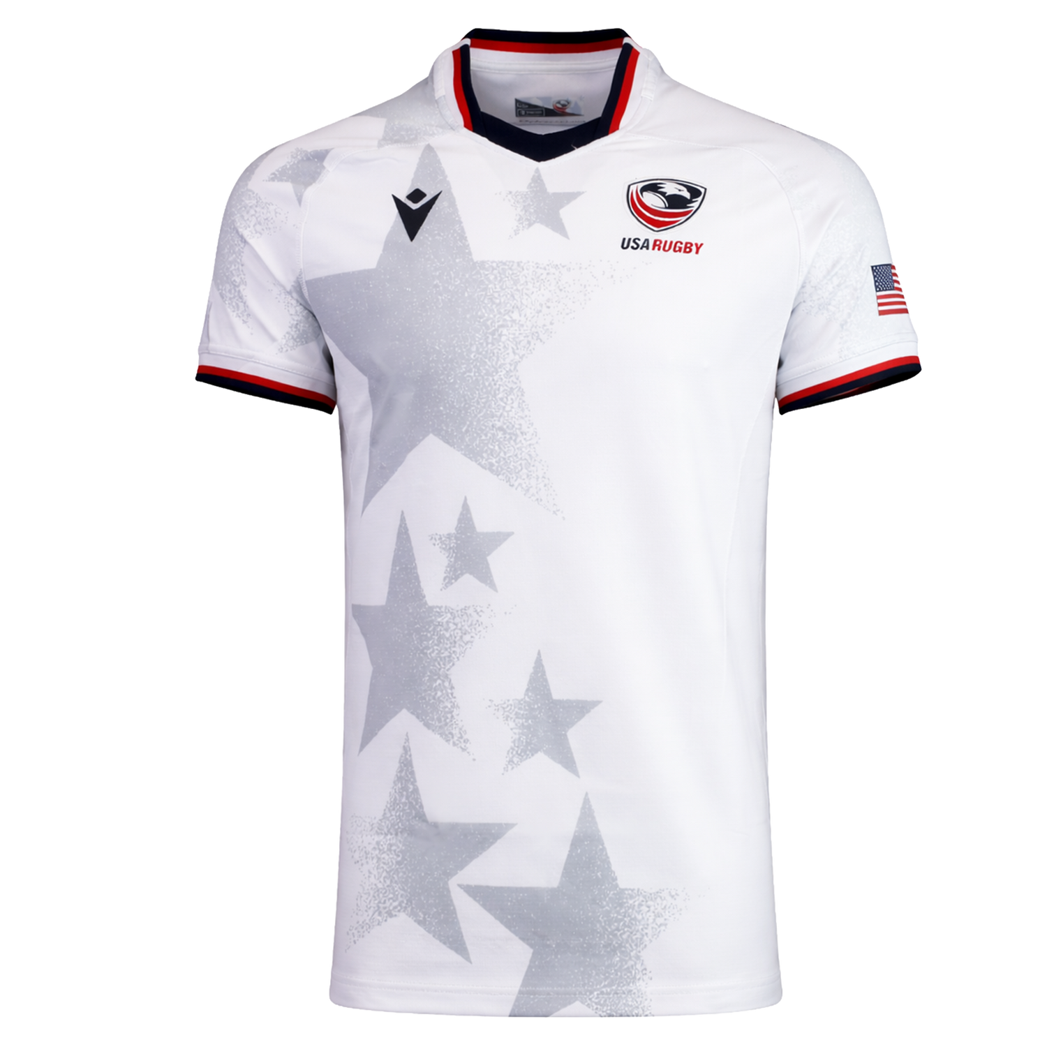 The USA Rugby 24/25 Authentic Matchday Away Jersey by Macron features gray stars, the USA Rugby logo on the chest, an American flag patch on the sleeve, and red, white & blue trim on the collar and cuffs.