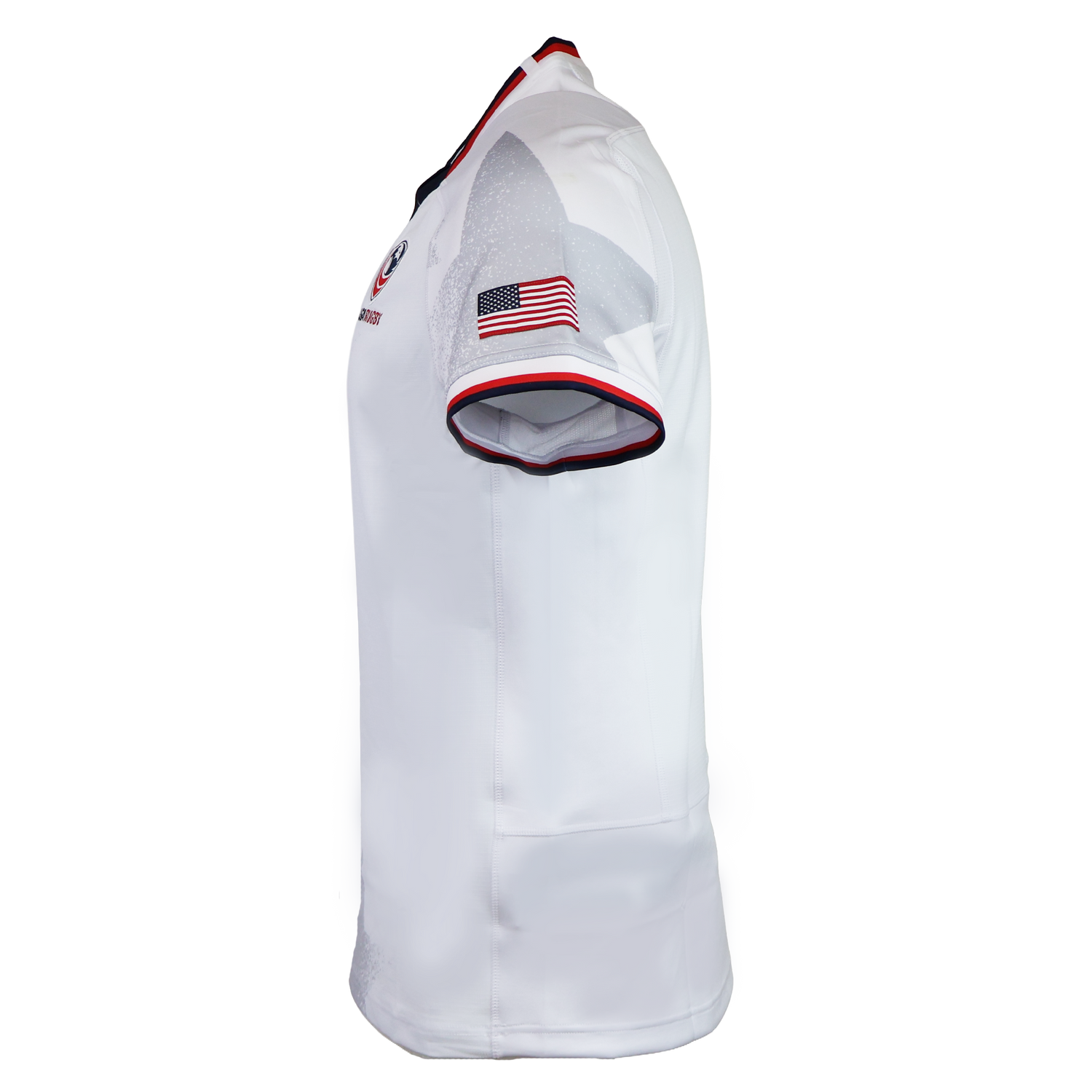 USA Rugby 24/25 Authentic Matchday Away Jersey by Macron: White short-sleeve jersey featuring a U.S. flag patch on the right sleeve, black and red trim on collar and sleeves; shown from the side against a white background.