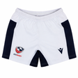 The USA Rugby 24/25 Matchday Away Shorts by Macron feature white and navy design with official USA Rugby and Macron logos, offering comfort and durability for top rugby performance on the field.