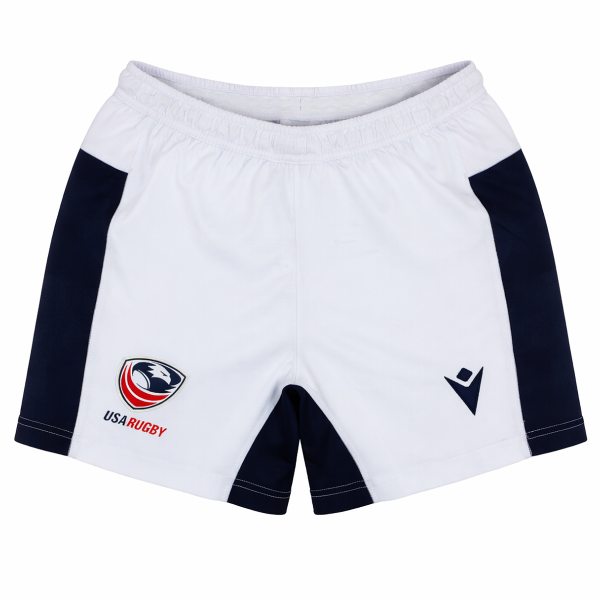 The USA Rugby 24/25 Matchday Away Shorts by Macron feature white and navy design with official USA Rugby and Macron logos, offering comfort and durability for top rugby performance on the field.