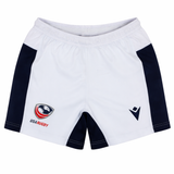 The USA Rugby 24/25 Matchday Away Shorts by Macron feature white and navy design with official USA Rugby and Macron logos, offering comfort and durability for top rugby performance on the field.