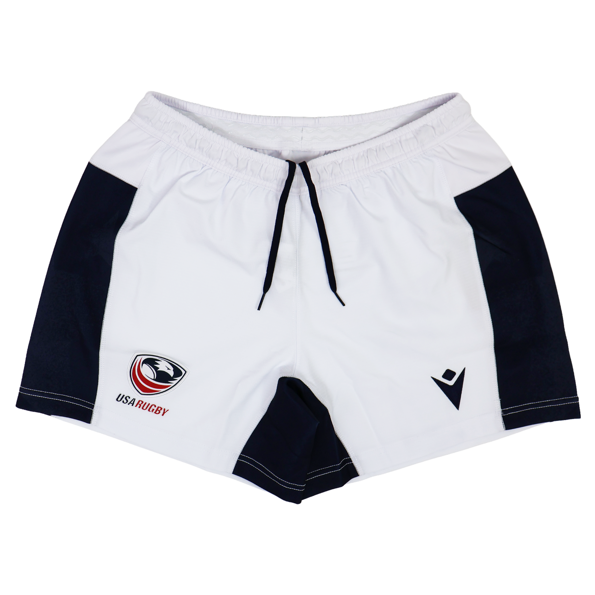 The USA Rugby 24/25 Matchday Away Shorts by Macron feature black side panels, a drawstring waist, and USA Rugby and Macron logos—ideal performance shorts for any rugby matchday.