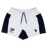 The USA Rugby 24/25 Matchday Away Shorts by Macron feature black side panels, a drawstring waist, and USA Rugby and Macron logos—ideal performance shorts for any rugby matchday.