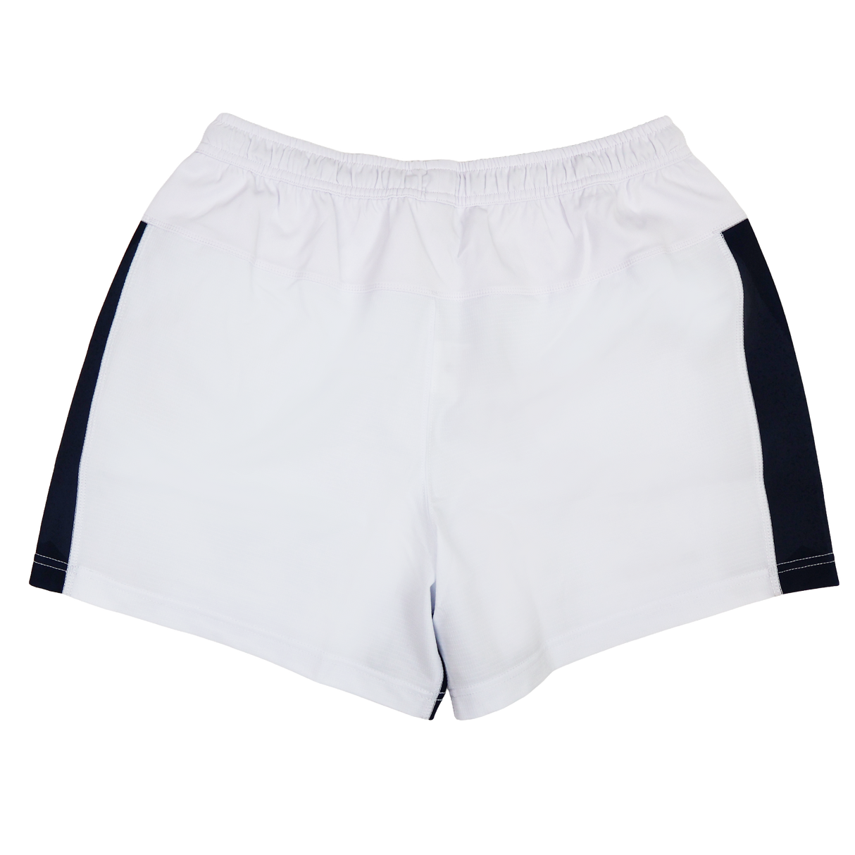 USA Rugby 24/25 Matchday Away Shorts by Macron shown from the back, featuring a white design with an elastic waistband and black side panels, displayed on a plain white background.