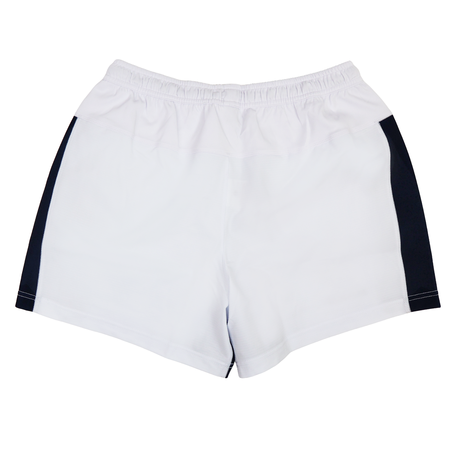 USA Rugby 24/25 Matchday Away Shorts by Macron shown from the back, featuring a white design with an elastic waistband and black side panels, displayed on a plain white background.