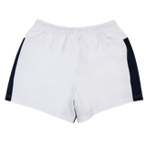 USA Rugby 24/25 Matchday Away Shorts by Macron shown from the back, featuring a white design with an elastic waistband and black side panels, displayed on a plain white background.