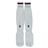 The USA Rugby 25 Matchday Away Socks by Macron are long white socks with black and red stripes at the top and a black chevron logo near the ankles, crafted from Renycle yarn, shown laid flat on a white background.