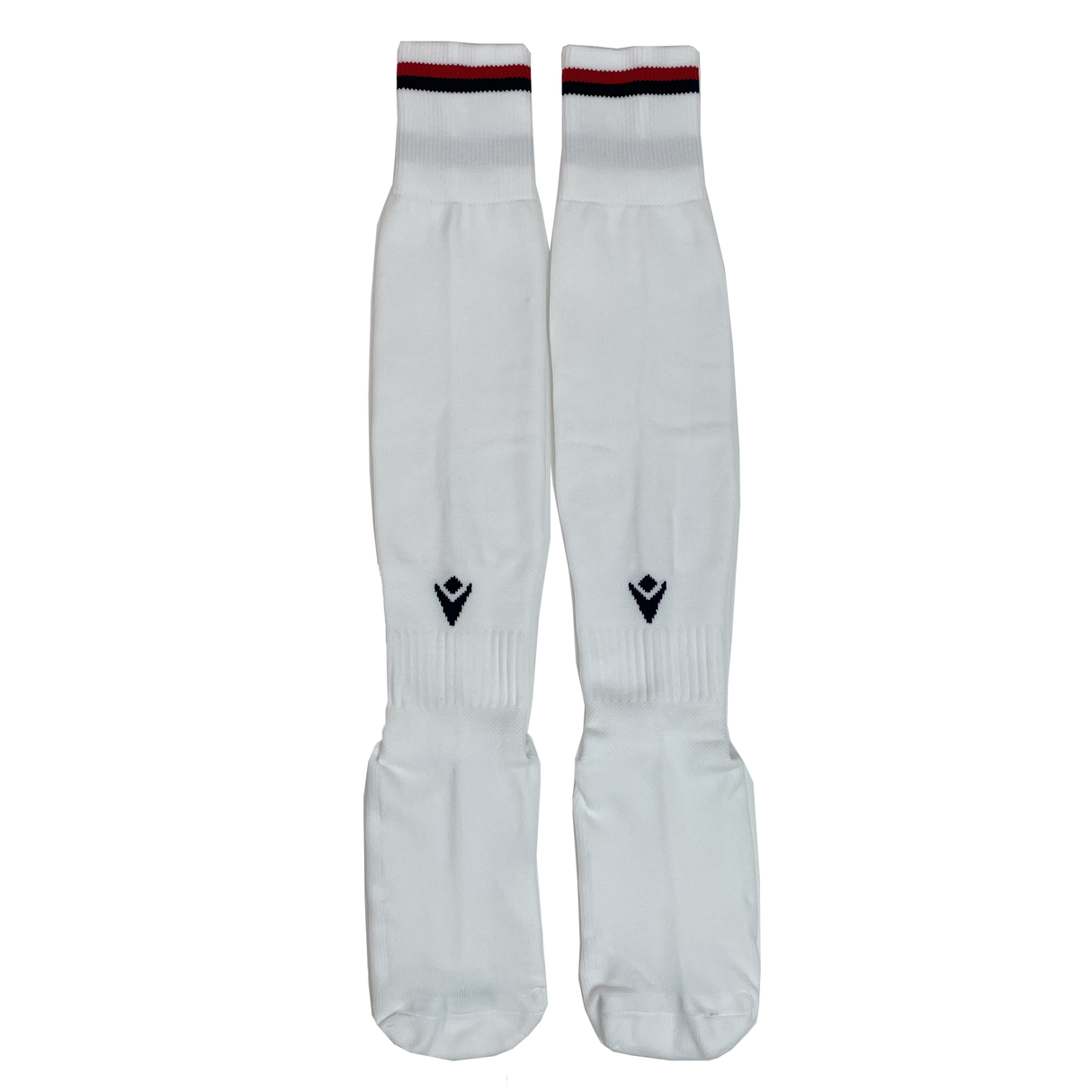 The USA Rugby 25 Matchday Away Socks by Macron are long white socks with black and red stripes at the top and a black chevron logo near the ankles, crafted from Renycle yarn, shown laid flat on a white background.