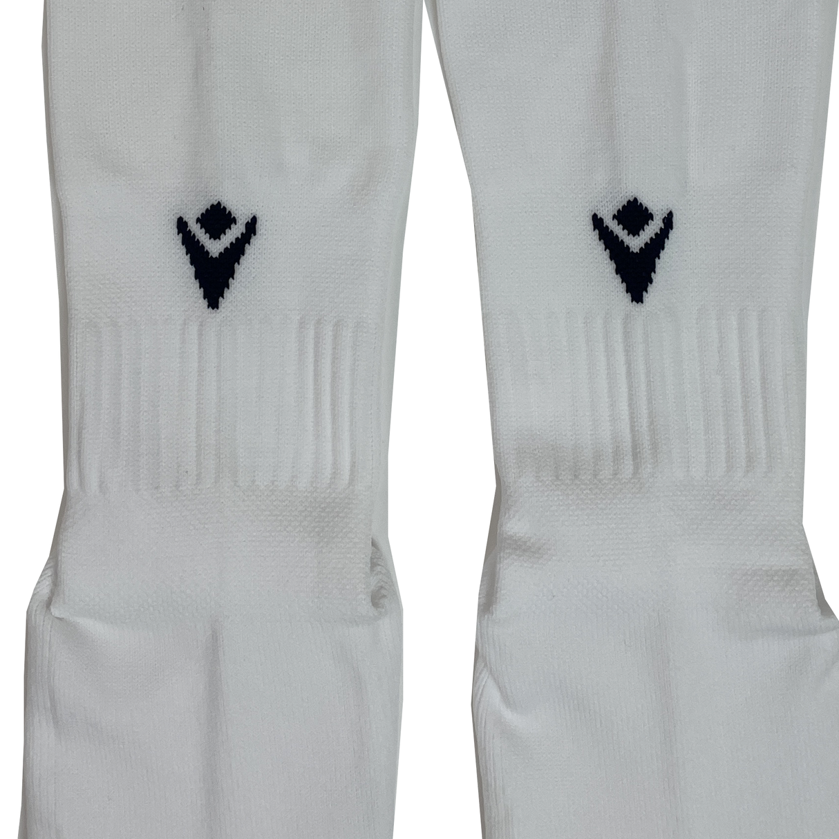 The USA Rugby 25 Matchday Away Socks by Macron are two white performance socks made with Renycle yarn, each featuring a black geometric logo near the top center.