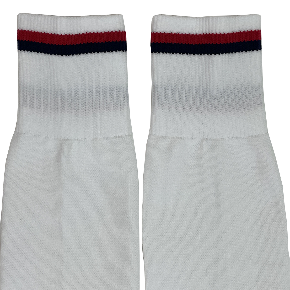 The USA Rugby 25 Matchday Away Socks by Macron are white crew socks with a red and navy blue stripe near the top, made from durable Renycle yarn for comfort and performance.
