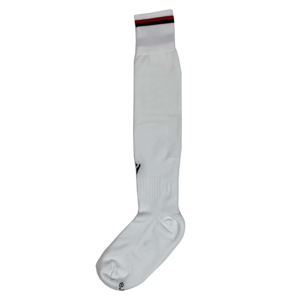 A single white USA Rugby 25 Matchday Away Sock by Macron, featuring a red and black stripe at the top, is displayed on a plain white background.