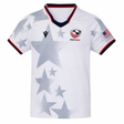 The Youth USA Rugby 24/25 Away Jersey by Macron features gray star patterns, red, white, and blue trim, a USA Rugby logo on the chest, and an American flag patch on the right sleeve.