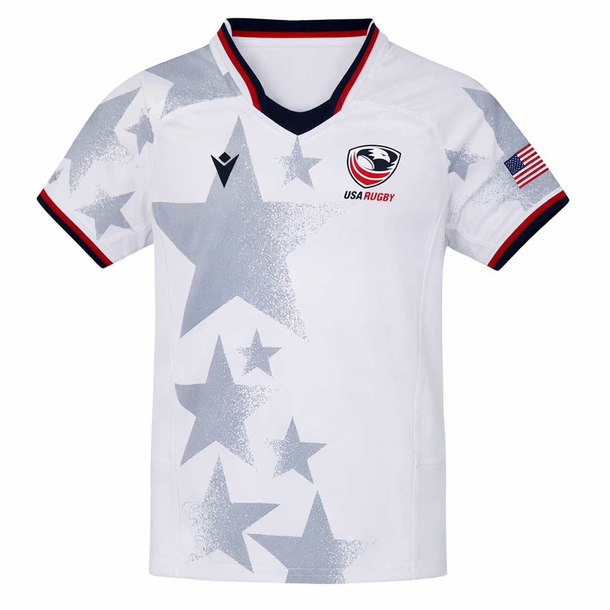 The Youth USA Rugby 24/25 Away Jersey by Macron features gray star patterns, red, white, and blue trim, a USA Rugby logo on the chest, and an American flag patch on the right sleeve.