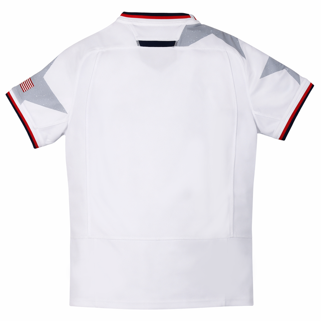 Back view of the Youth USA Rugby 24/25 Away Jersey by Macron, white with red, white, and blue trim, American flag sleeve patch, and gray star details on the shoulders.