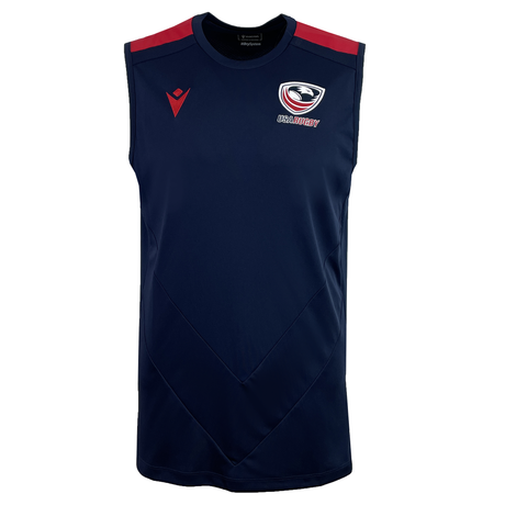 The USA Rugby 25 Player Training Singlet by Macron is a sleeveless navy blue top with red shoulder accents, a white and red USA Rugby logo on the chest, a small white Macron logo on the left, and breathable mesh for comfort during play.
