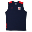 The Youth USA Rugby 24/25 Training Poly Singlet by Macron features a navy blue sleeveless design with red shoulder and side accents, plus the USA Rugby logo on the chest—ideal official training wear for young rugby players.