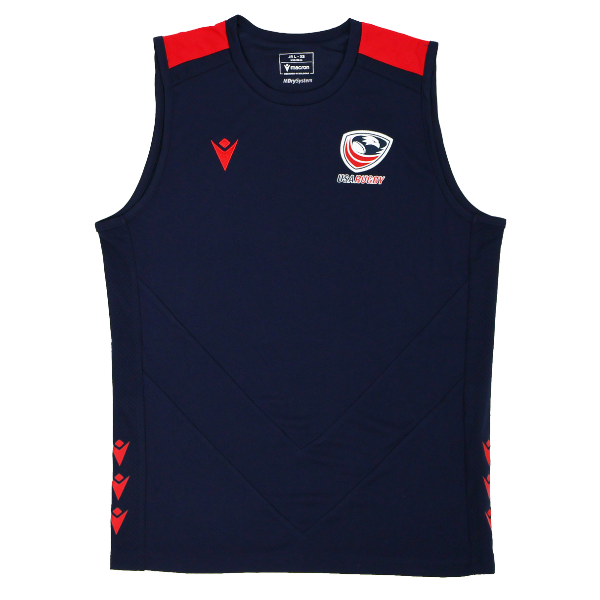 The Youth USA Rugby 24/25 Training Poly Singlet by Macron features a navy blue sleeveless design with red shoulder and side accents, plus the USA Rugby logo on the chest—ideal official training wear for young rugby players.