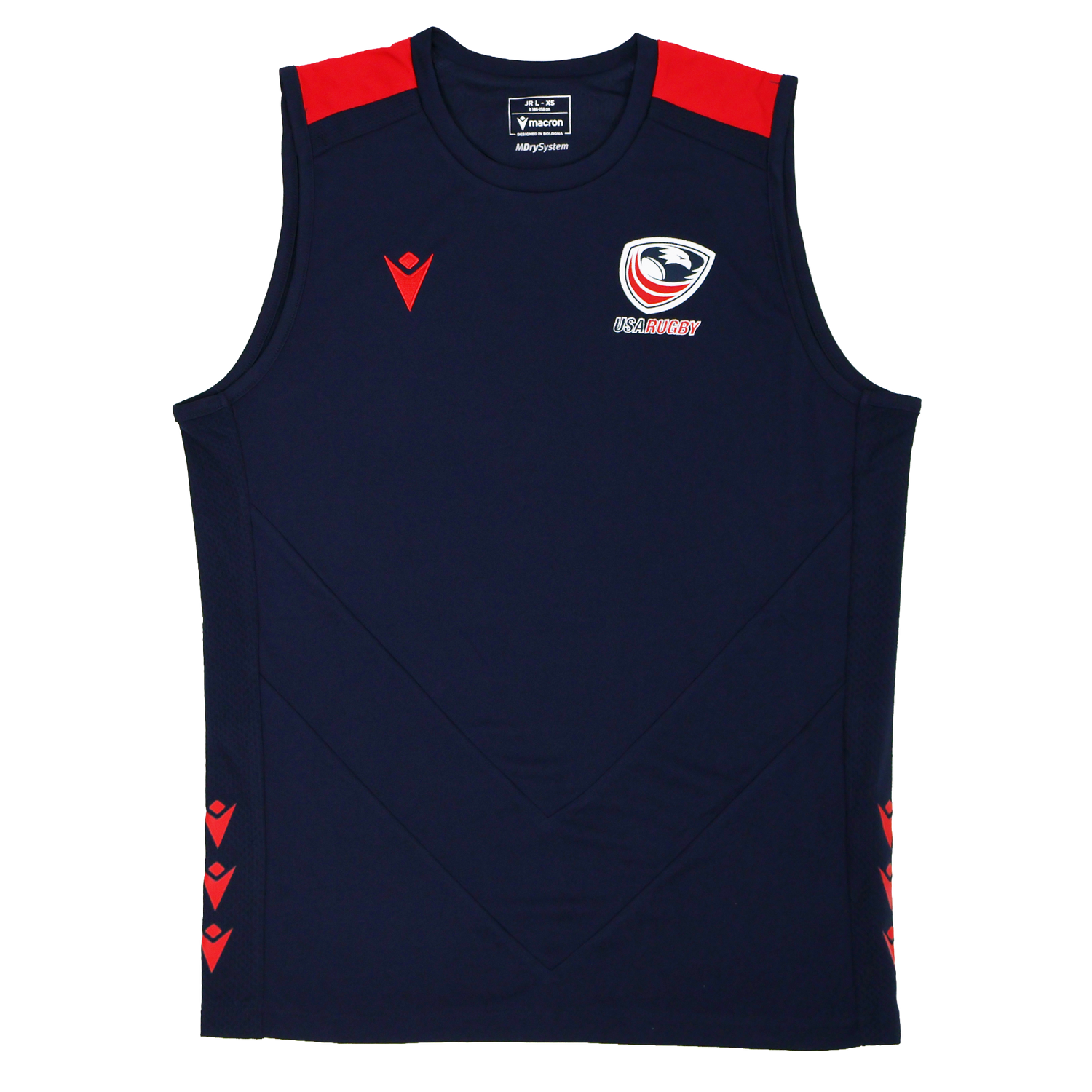 The Youth USA Rugby 24/25 Training Poly Singlet by Macron features a navy blue sleeveless design with red shoulder and side accents, plus the USA Rugby logo on the chest—ideal official training wear for young rugby players.