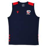 The Youth USA Rugby 24/25 Training Poly Singlet by Macron features a navy blue sleeveless design with red shoulder and side accents, plus the USA Rugby logo on the chest—ideal official training wear for young rugby players.