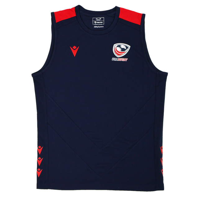 The Youth USA Rugby 24/25 Training Poly Singlet by Macron features a navy blue sleeveless design with red shoulder and side accents, plus the USA Rugby logo on the chest—ideal official training wear for young rugby players.