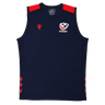 The Youth USA Rugby 24/25 Training Poly Singlet by Macron features a navy blue sleeveless design with red shoulder and side accents, plus the USA Rugby logo on the chest—ideal official training wear for young rugby players.