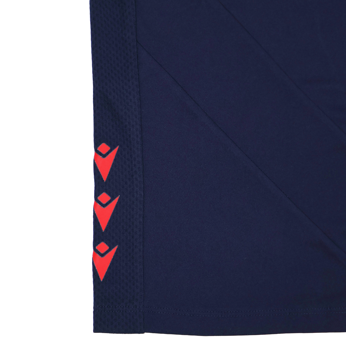 Close-up of the Youth USA Rugby 24/25 Training Poly Singlet by Macron, a navy blue youth training apparel featuring three red geometric logos in a vertical line on the side panel.