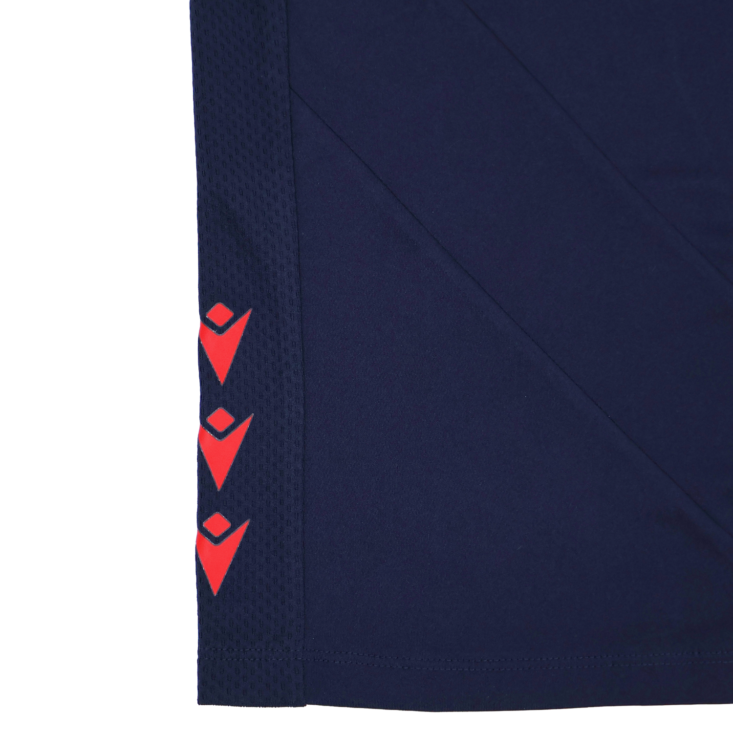 Close-up of the Youth USA Rugby 24/25 Training Poly Singlet by Macron, a navy blue youth training apparel featuring three red geometric logos in a vertical line on the side panel.