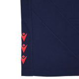 Close-up of the Youth USA Rugby 24/25 Training Poly Singlet by Macron, a navy blue youth training apparel featuring three red geometric logos in a vertical line on the side panel.