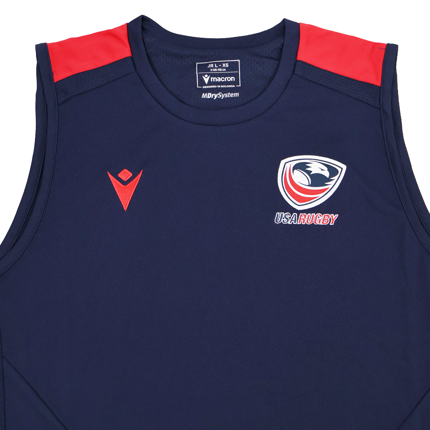 The Youth USA Rugby 24/25 Training Poly Singlet by Macron features a navy blue design with red shoulder accents, the Macron logo on the left chest, and the USA Rugby logo on the right—ideal for youth training sessions.