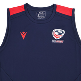 The Youth USA Rugby 24/25 Training Poly Singlet by Macron features a navy blue design with red shoulder accents, the Macron logo on the left chest, and the USA Rugby logo on the right—ideal for youth training sessions.