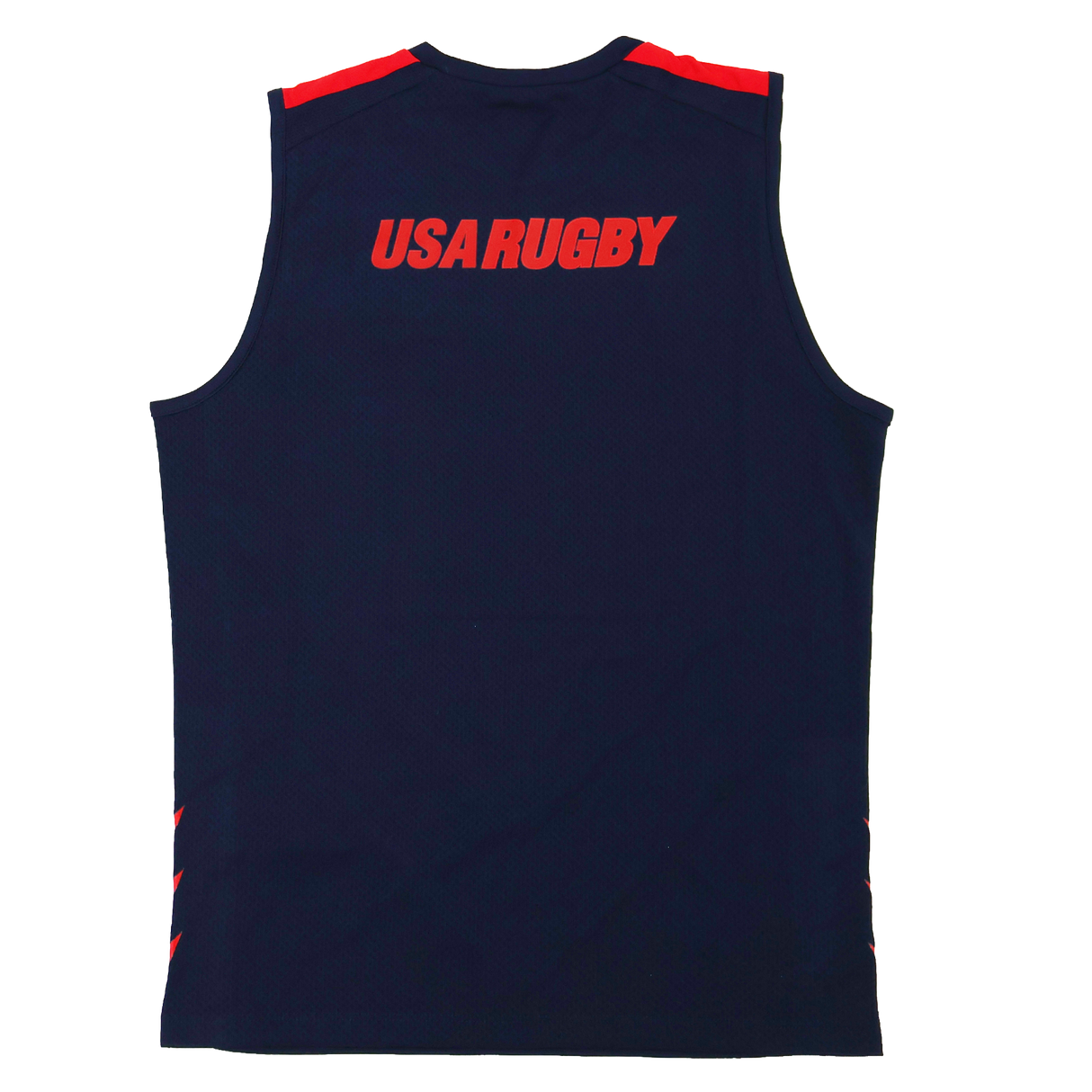 The Youth USA Rugby 24/25 Training Poly Singlet by Macron is a navy blue sleeveless top with red shoulder accents and "USA RUGBY" in bold red on the upper back—perfect for youth training sessions.