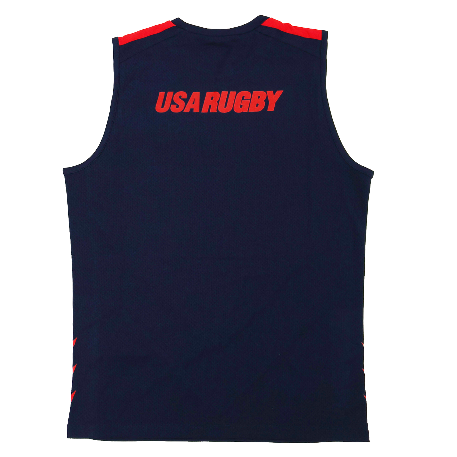 The Youth USA Rugby 24/25 Training Poly Singlet by Macron is a navy blue sleeveless top with red shoulder accents and "USA RUGBY" in bold red on the upper back—perfect for youth training sessions.