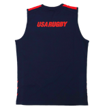 The Youth USA Rugby 24/25 Training Poly Singlet by Macron is a navy blue sleeveless top with red shoulder accents and "USA RUGBY" in bold red on the upper back—perfect for youth training sessions.