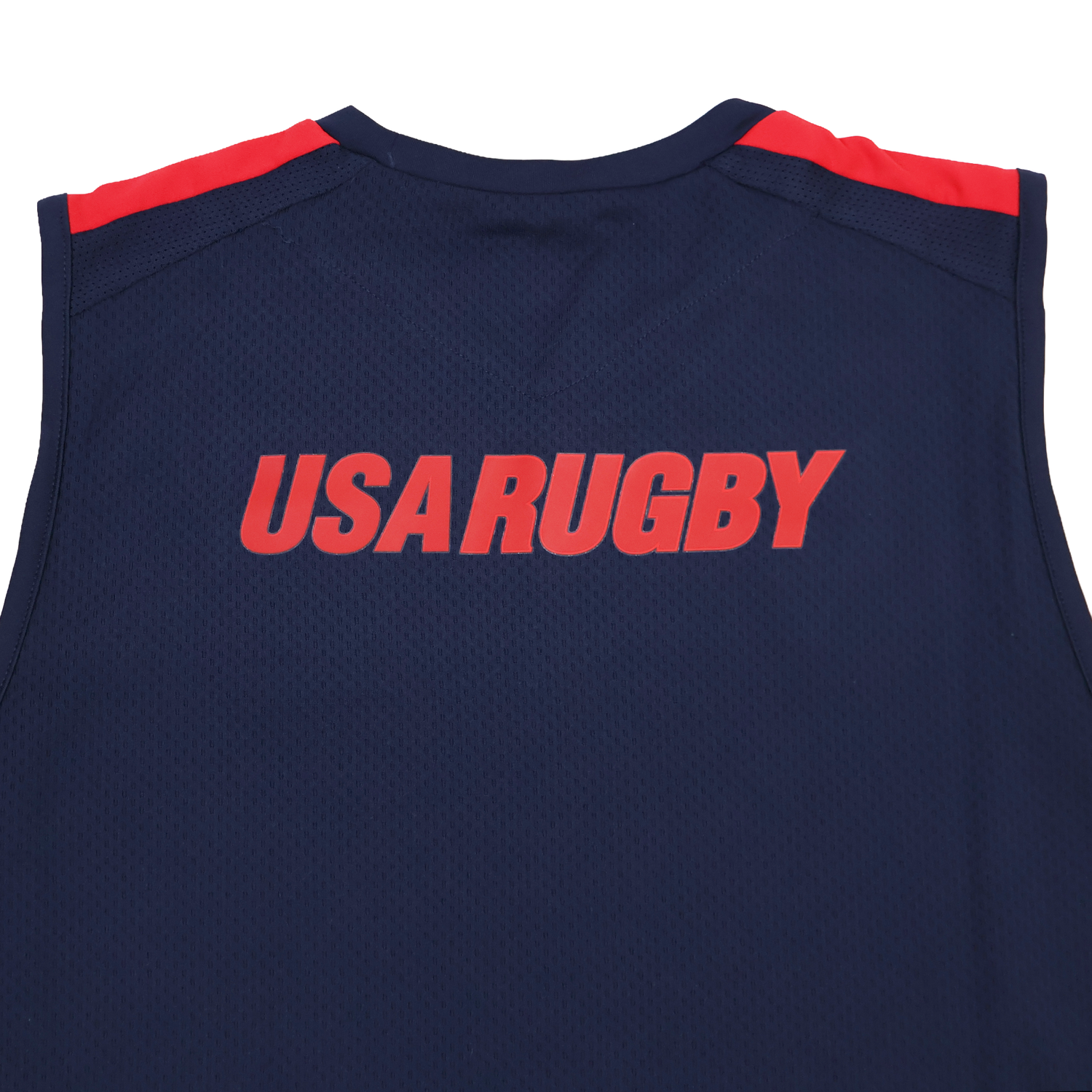 The Youth USA Rugby 24/25 Training Poly Singlet by Macron is a navy high-performance rugby singlet with bold red "USA RUGBY" on the upper back and red shoulder accents.