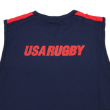 The Youth USA Rugby 24/25 Training Poly Singlet by Macron is a navy high-performance rugby singlet with bold red "USA RUGBY" on the upper back and red shoulder accents.