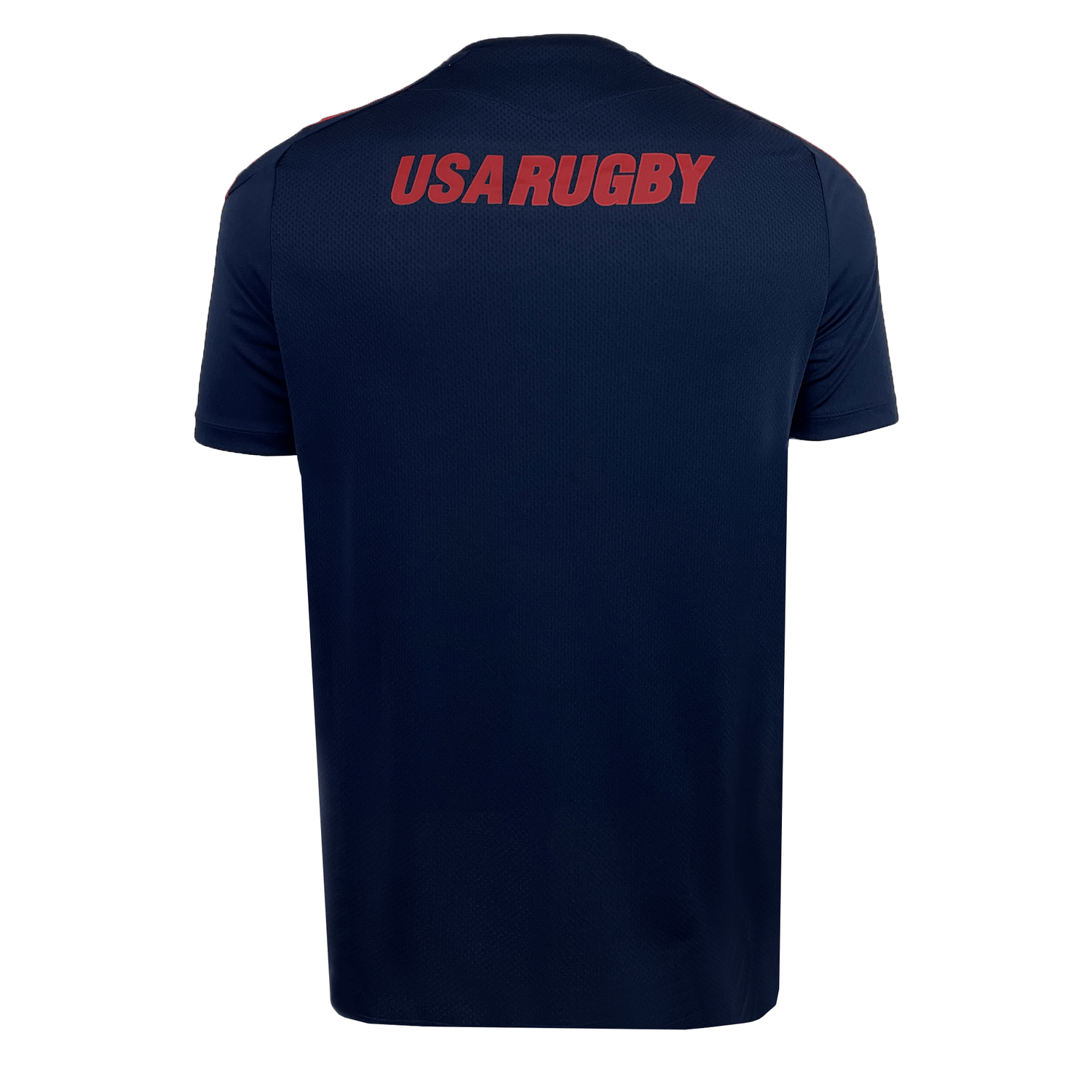 The USA Rugby 25 Player Training Shirt by Macron is a navy blue short-sleeve shirt with "USARUGBY" in bold red capitals across the back shoulders.