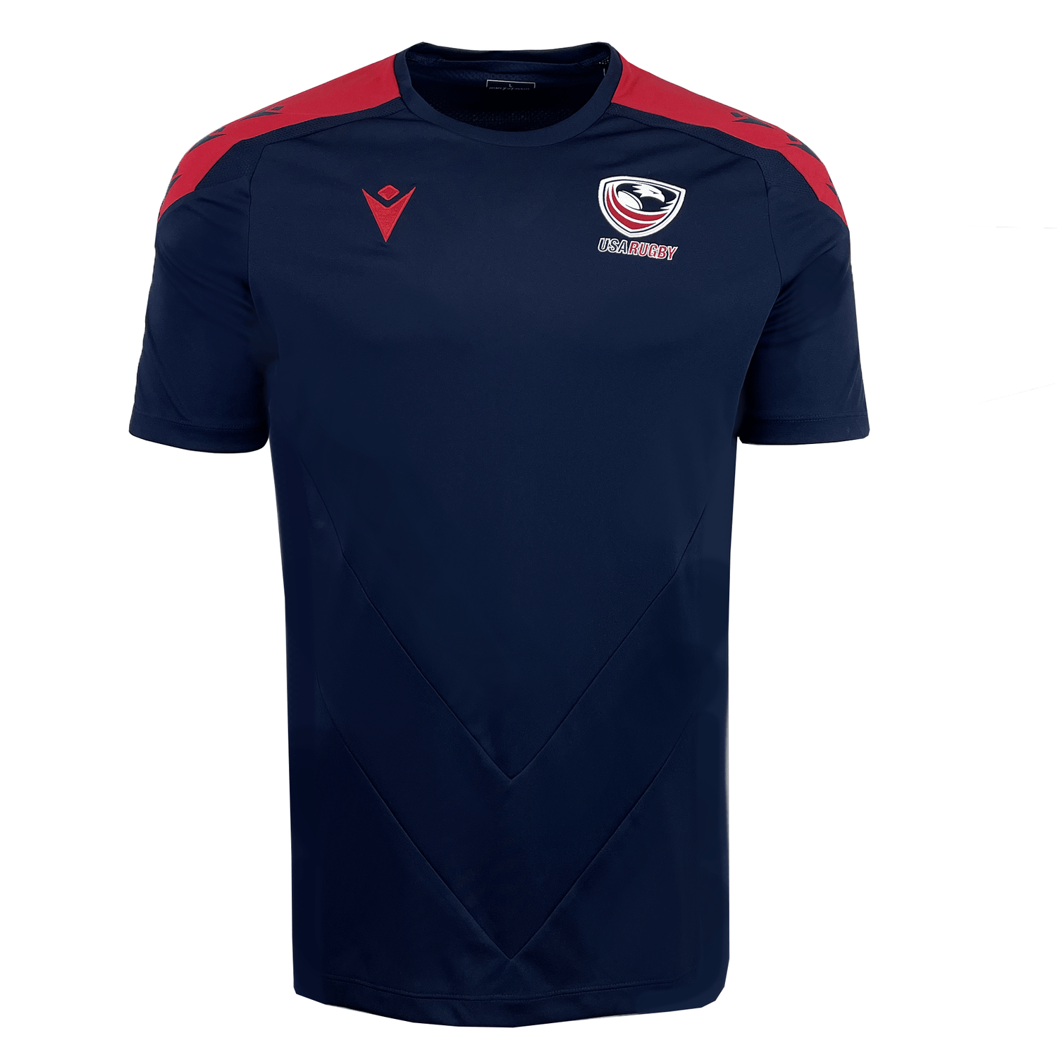 The USA Rugby 25 Player Training Shirt by Macron features navy blue short sleeves, red shoulder panels, breathable MDry fabric, white and red logo on the right chest, Macron logos, and chevron stitching on the front.