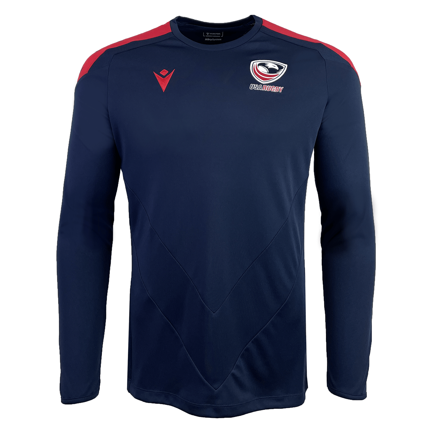 The USA Rugby 25 Player Long Sleeve Training Shirt by Macron is navy with red shoulder accents, an eagle shield logo on the left chest, and a Macron logo on the right chest.