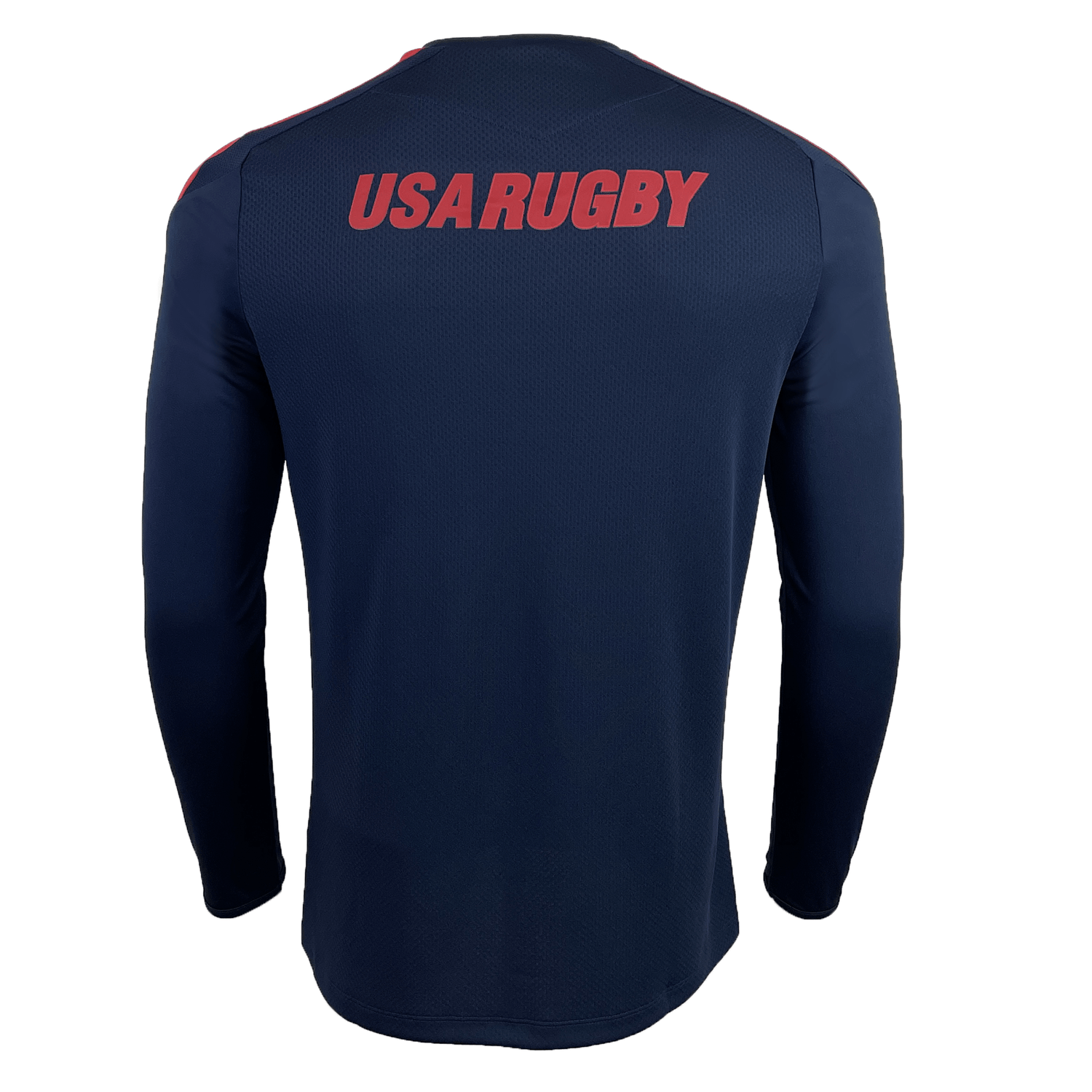The USA Rugby 25 Player Long Sleeve Training Shirt by Macron is a navy blue top featuring "USA RUGBY" in bold red letters across the upper back.