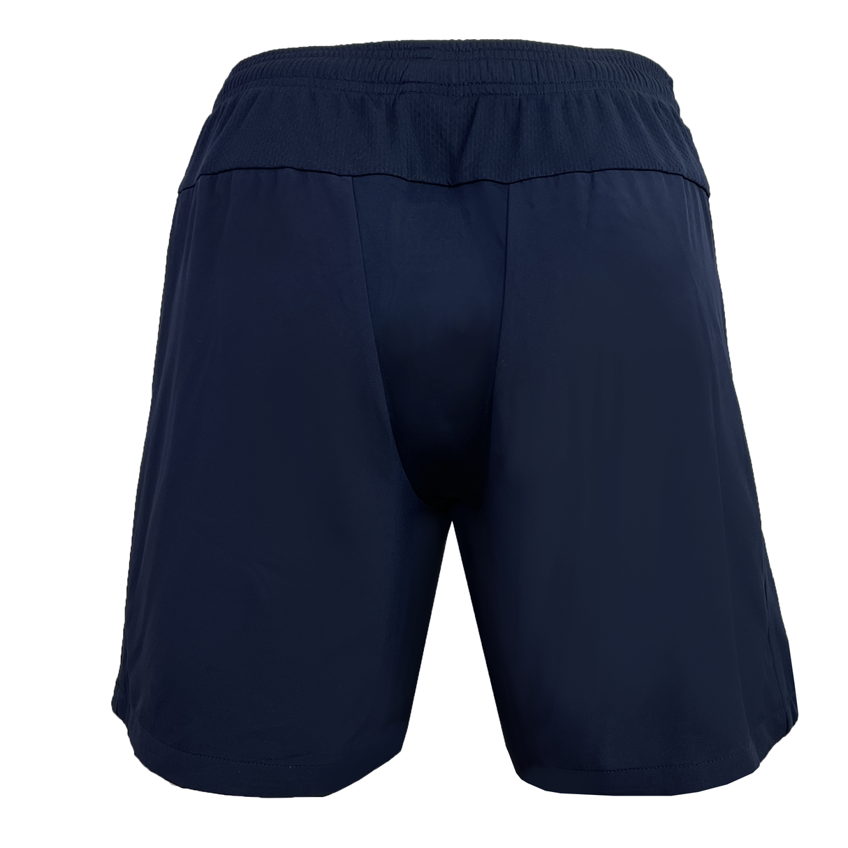 The USA Rugby 25 Player Training Shorts by Macron, shown from the back in navy blue, feature an elastic waistband and smooth fabric—ideal for rugby fans and athletes.