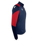 The USA Rugby 25 Player 1/4 Zip Training Top by Macron is a navy long-sleeve athletic top with red accents, quarter-zip collar, and white Macron logos on the chest and shoulders.
