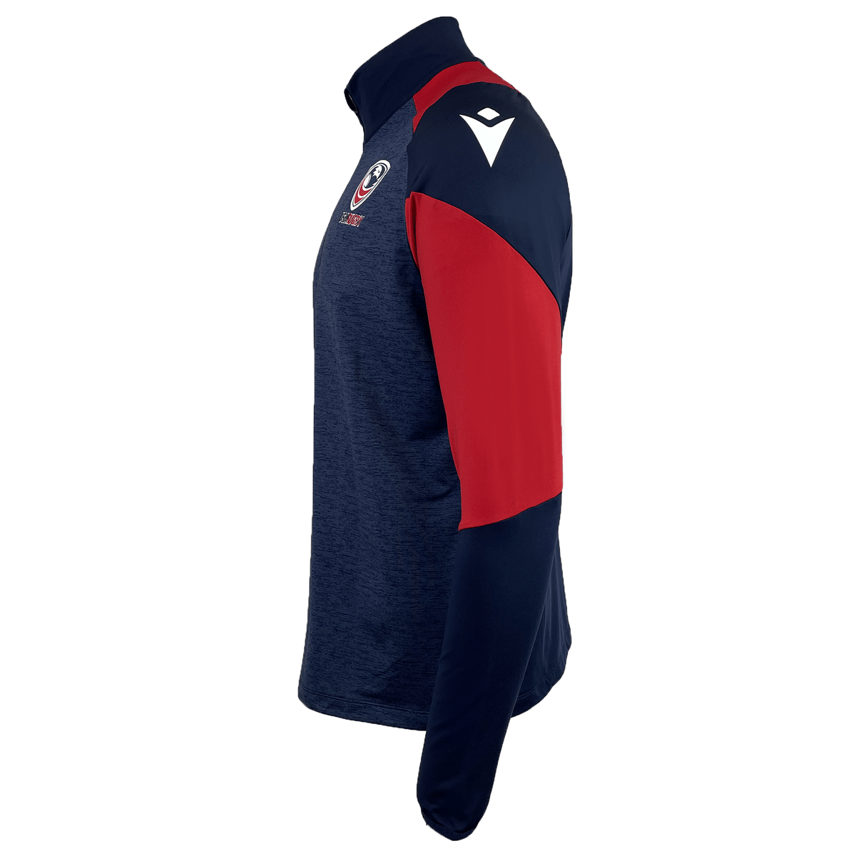 The USA Rugby 25 Player 1/4 Zip Training Top by Macron features a navy body, red shoulders, white USA Rugby logos on the chest and left shoulder—ideal for training.