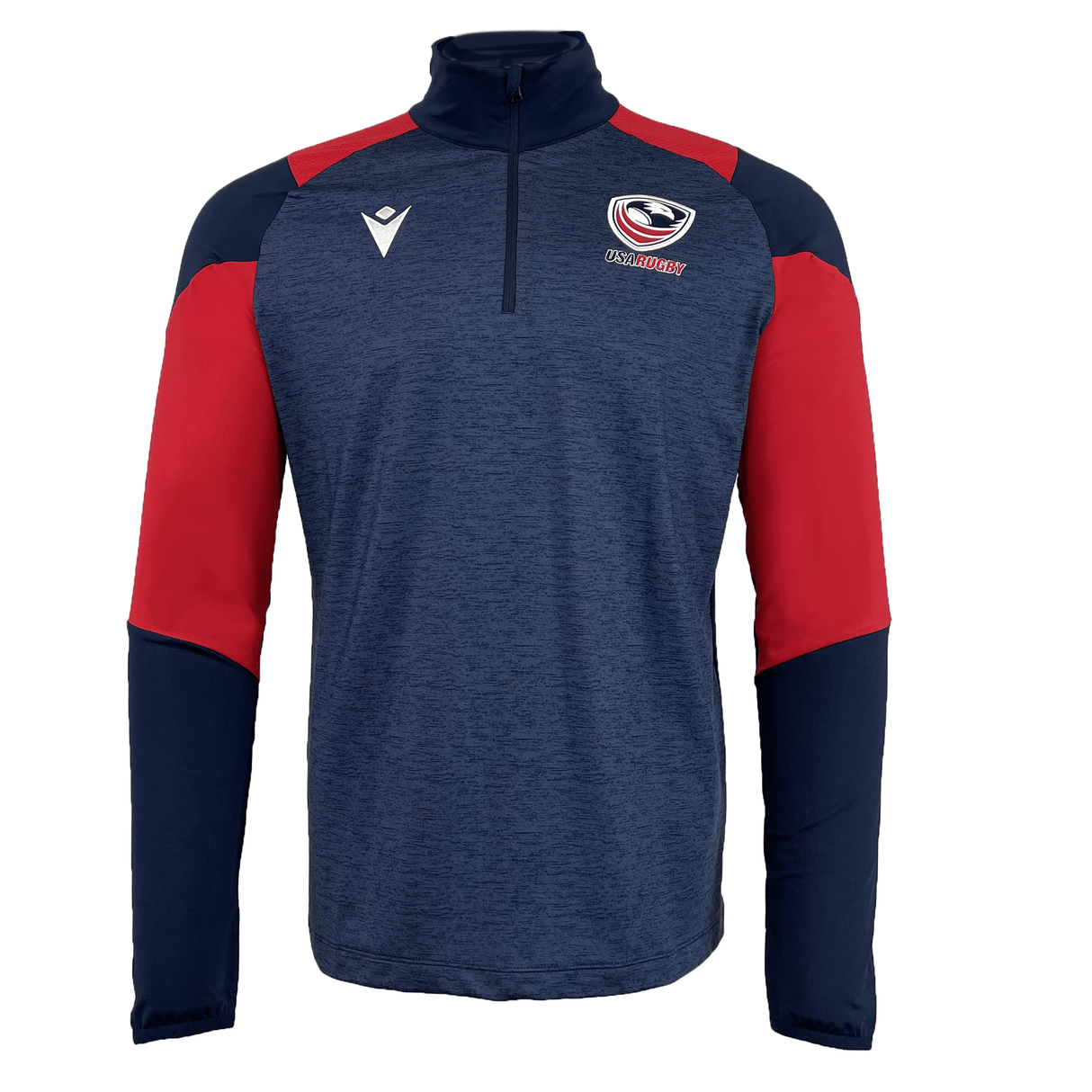 The USA Rugby 25 Player 1/4 Zip Training Top by Macron features long sleeves, a navy and red design, and USA Rugby with Macron logos on the chest.