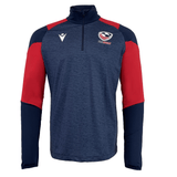 The USA Rugby 25 Player 1/4 Zip Training Top by Macron features long sleeves, a navy and red design, and USA Rugby with Macron logos on the chest.