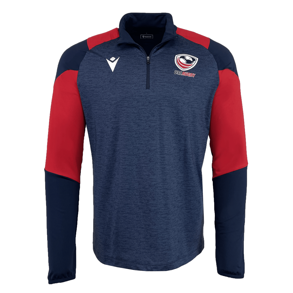 The USA Rugby 25 Player 1/4 Zip Training Top by Macron is navy blue with red and dark blue sleeves, featuring a white USA Rugby logo on the left chest and a Macron logo on the right chest.