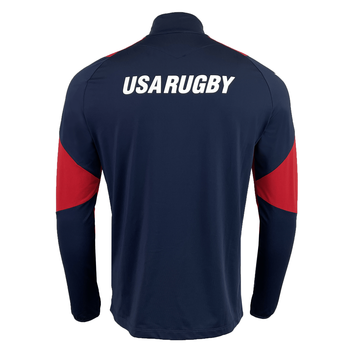 Back view of the USA Rugby 25 Player 1/4 Zip Training Top by Macron in navy, showcasing red accents and "USA RUGBY" printed in white on the upper back.