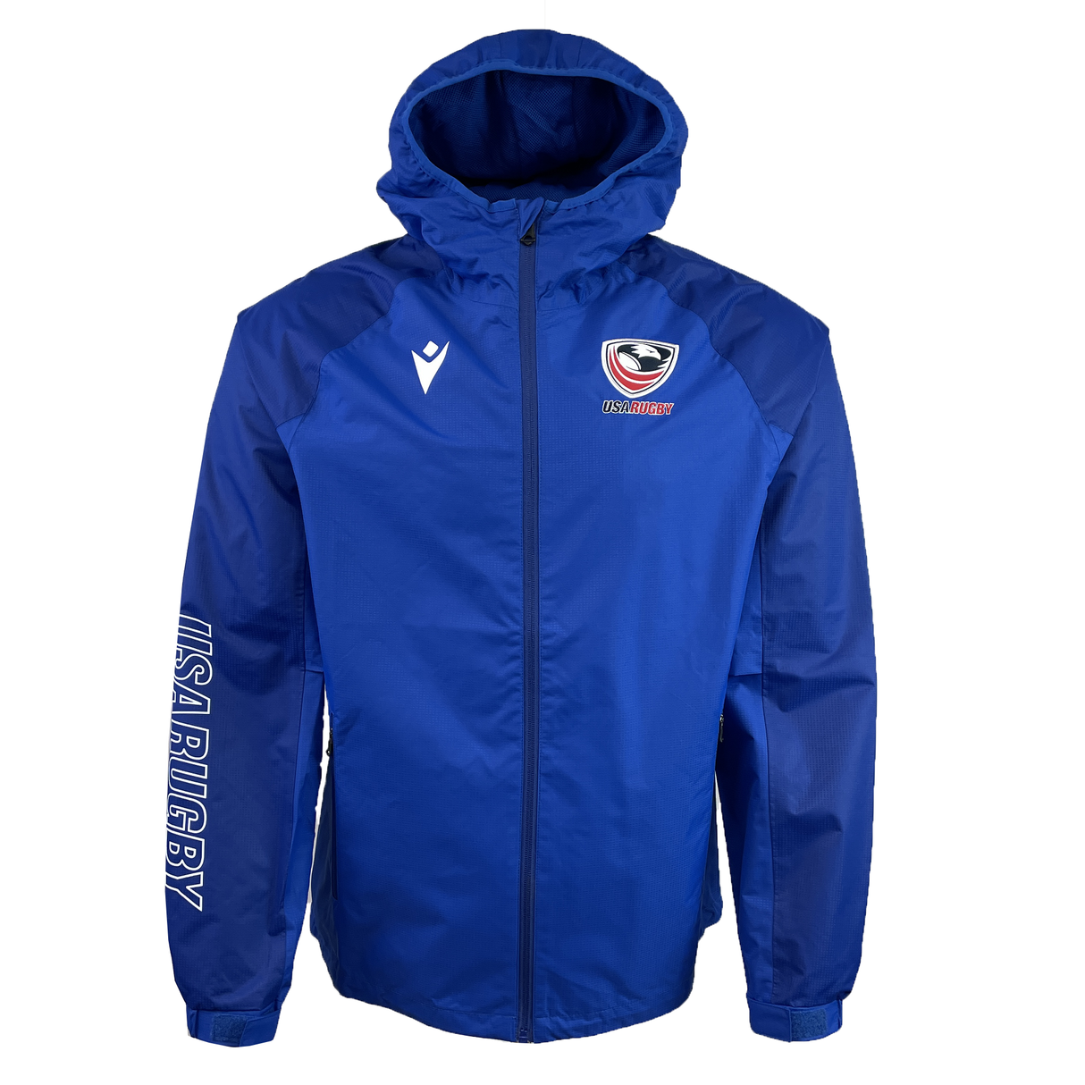 The USA Rugby 25 Player Waterproof Jacket by Macron is blue with a hood, featuring the iconic USA Rugby logo on the chest, a white Macron emblem, and "USA Rugby" printed on the sleeve.
