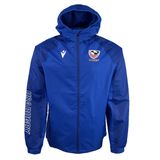 The USA Rugby 25 Player Waterproof Jacket by Macron is blue with a hood, featuring the iconic USA Rugby logo on the chest, a white Macron emblem, and "USA Rugby" printed on the sleeve.
