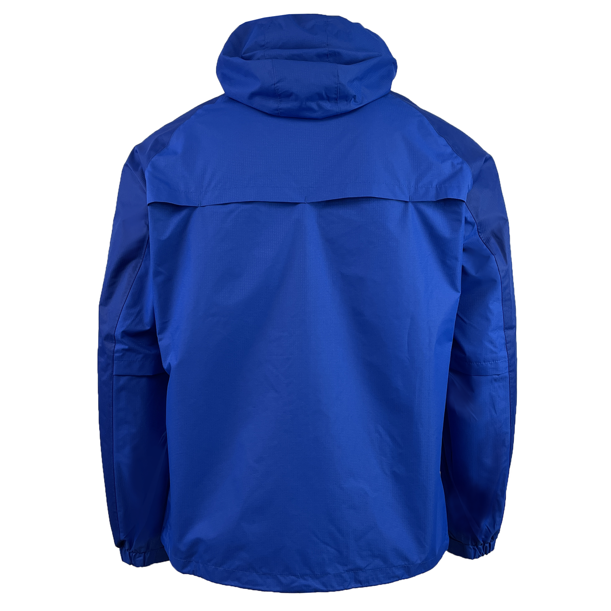 The back of the USA Rugby 25 Player Waterproof Jacket by Macron features a blue hood, elastic cuffs, and yoke design across the shoulders—ideal for stormy weather or showcasing USA Rugby pride.